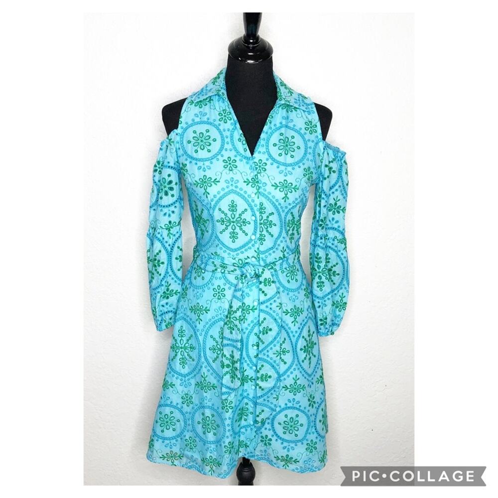 Boston Proper blue green eyelet embroidered cold shoulder button shirt dress XXS